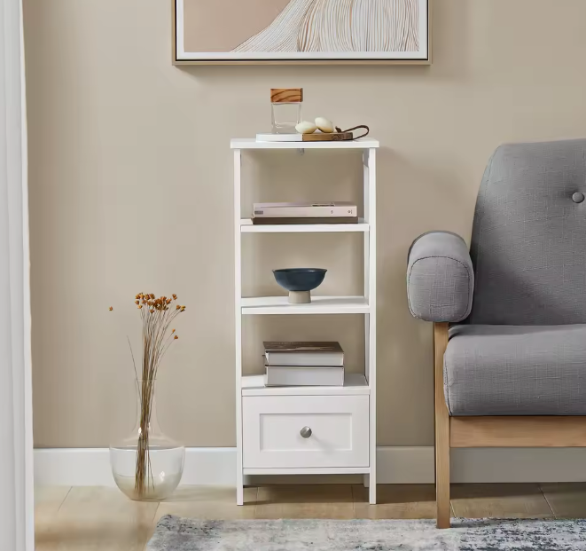Wit Hoog Nachtkastje met Lade en 4 Planken – MDF, Modern & Multifunctioneel