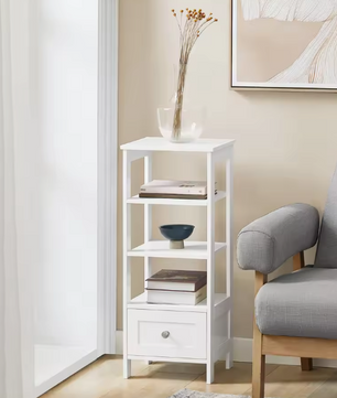 Wit Hoog Nachtkastje met Lade en 4 Planken – MDF, Modern & Multifunctioneel