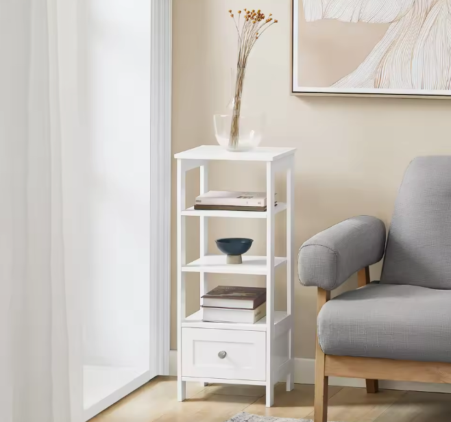 Wit Hoog Nachtkastje met Lade en 4 Planken – MDF, Modern & Multifunctioneel