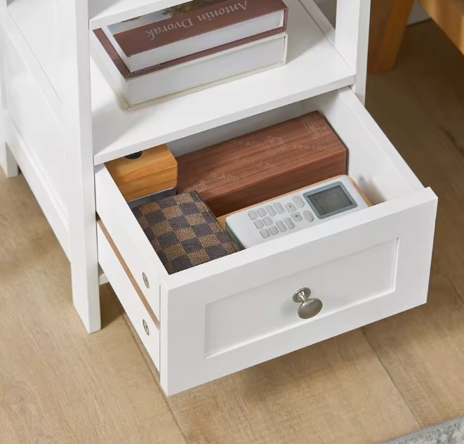 Wit Hoog Nachtkastje met Lade en 4 Planken – MDF, Modern & Multifunctioneel