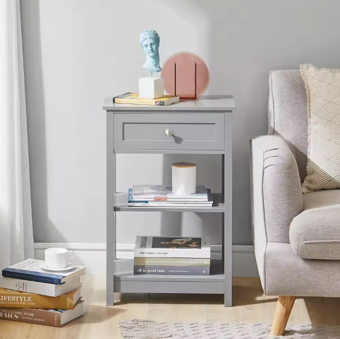 Bijzettafel met Lade & 2 Planken – Nachtkastje van MDF, Modern en Compact