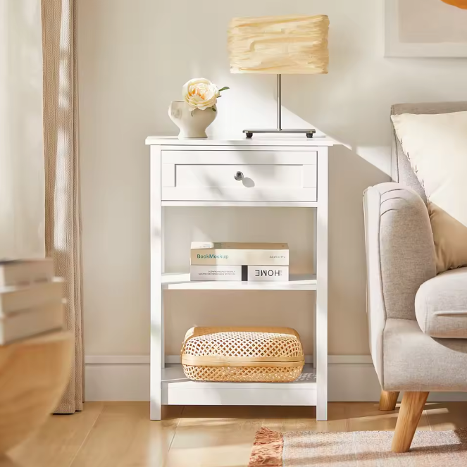 Bijzettafel met Lade & 2 Planken – Nachtkastje van MDF, Modern en Compact