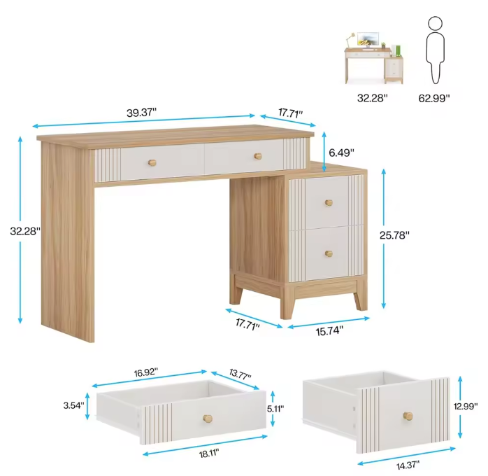 Modern Houten Bureau met 4 Lades – Schrijftafel met Opbergruimte