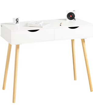 Compact Bureau met 2 Lades – MDF Tafel 90x77x45 cm, Wit/Natuur