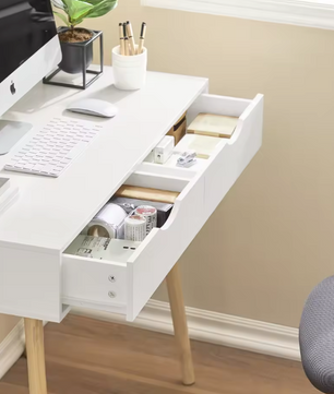 Compact Bureau met 2 Lades – MDF Tafel 90x77x45 cm, Wit/Natuur