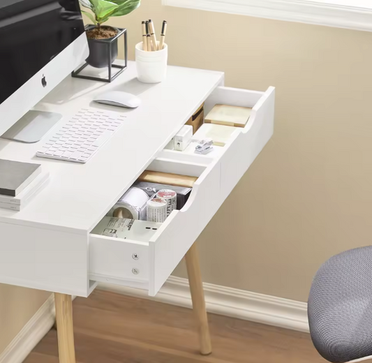 Compact Bureau met 2 Lades – MDF Tafel 90x77x45 cm, Wit/Natuur