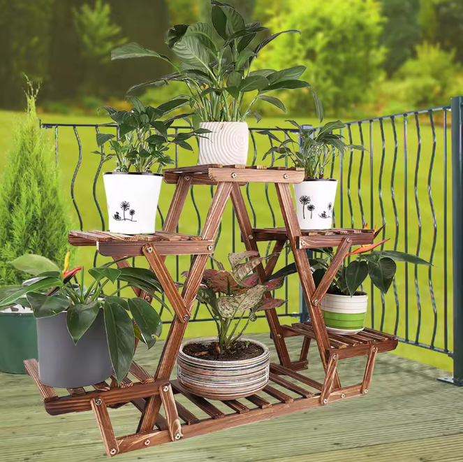 6-laags houten plantenrek – driehoekig binnen & buiten