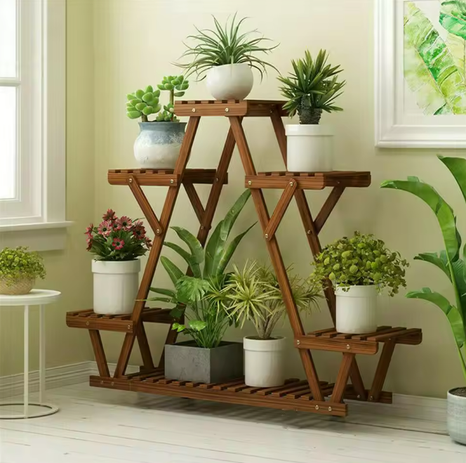 6-laags houten plantenrek – driehoekig binnen & buiten