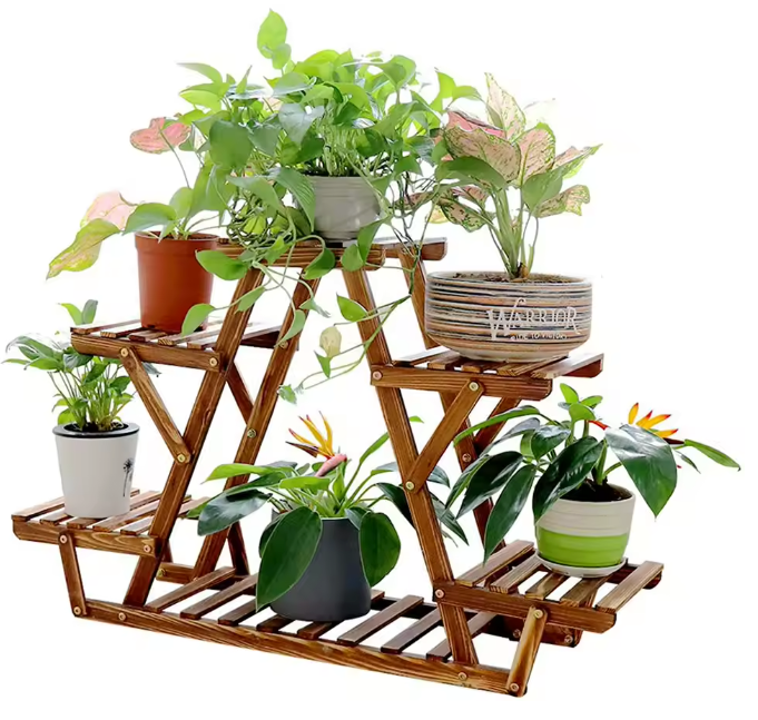 6-laags houten plantenrek – driehoekig binnen & buiten