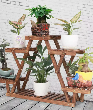 6-laags houten plantenrek – driehoekig binnen & buiten