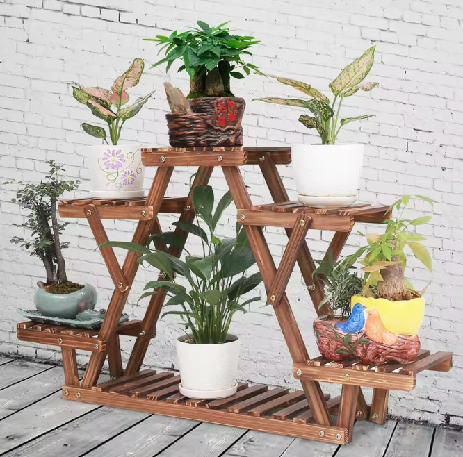 6-laags houten plantenrek – driehoekig binnen & buiten