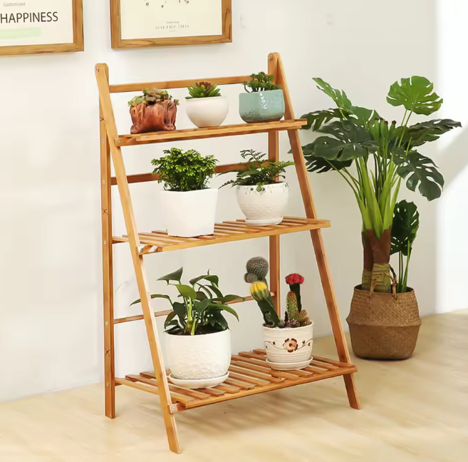 3-Lagen Opvouwbaar Bamboe Plantenrek – Voor Binnen & Buiten