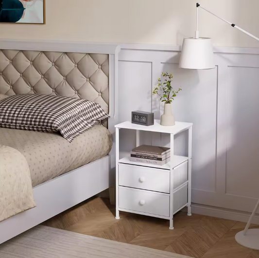 Nachtkastje met 2 Stoffen Lades – Houten Bijzettafel met Open Vak