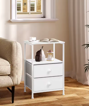 Nachtkastje met 2 Stoffen Lades – Houten Bijzettafel met Open Vak