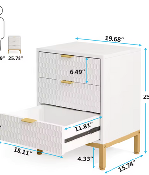 Modern Nachtkastje met 3 Lades – Wit & Goud, 65,5 cm Hoog