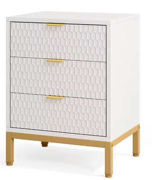 Modern Nachtkastje met 3 Lades – Wit & Goud, 65,5 cm Hoog