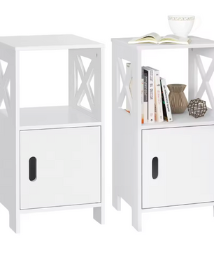 Set van 2 Smalle Nachtkastjes – Wit, 60 cm Hoog met Deur & Open Vaks