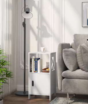 Set van 2 Smalle Nachtkastjes – Wit, 60 cm Hoog met Deur & Open Vaks