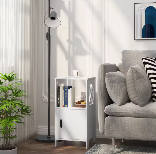 Set van 2 Smalle Nachtkastjes – Wit, 60 cm Hoog met Deur & Open Vaks