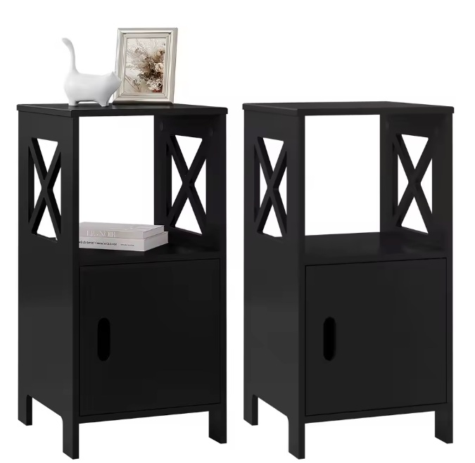 Set van 2 Smalle Nachtkastjes – Wit, 60 cm Hoog met Deur & Open Vaks