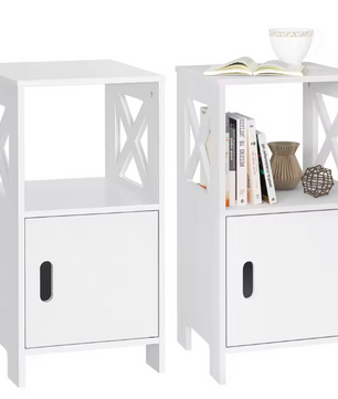 Set van 2 Smalle Nachtkastjes – Wit, 60 cm Hoog met Deur & Open Vaks