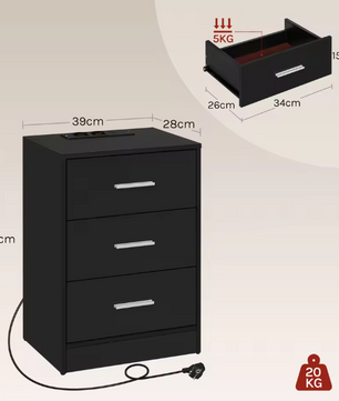 Nachtkastje met Oplaadstation – 3 Lades, USB & Type-C Poort