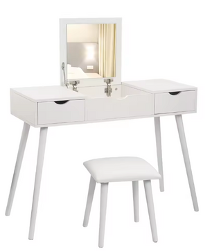 Kaptafel met Spiegel en Kruk – 2 Lades & Opvouwbare Spiegel, Wit