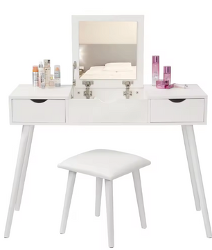 Kaptafel met Spiegel en Kruk – 2 Lades & Opvouwbare Spiegel, Wit