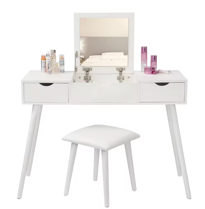 Kaptafel met Spiegel en Kruk – 2 Lades & Opvouwbare Spiegel, Wit