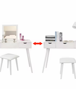 Kaptafel met Spiegel en Kruk – 2 Lades & Opvouwbare Spiegel, Wit