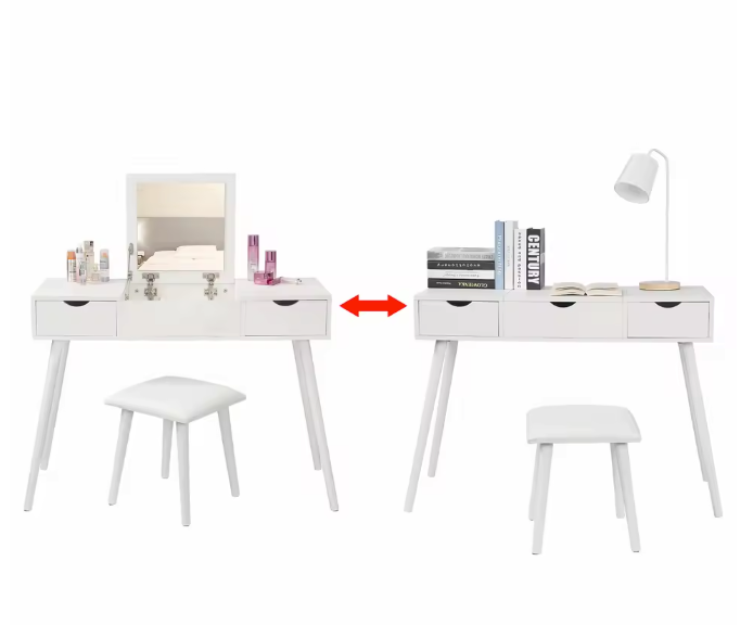 Kaptafel met Spiegel en Kruk – 2 Lades & Opvouwbare Spiegel, Wit