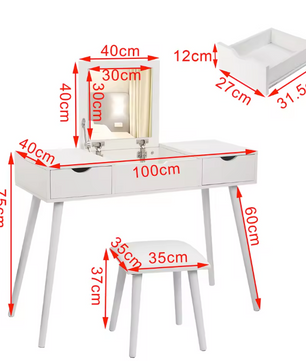 Kaptafel met Spiegel en Kruk – 2 Lades & Opvouwbare Spiegel, Wit