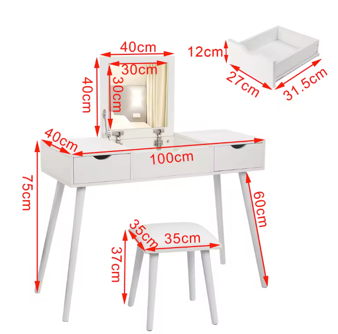 Kaptafel met Spiegel en Kruk – 2 Lades & Opvouwbare Spiegel, Wit