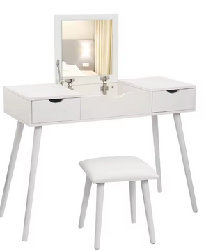 Kaptafel met Spiegel en Kruk – 2 Lades & Opvouwbare Spiegel, Wit