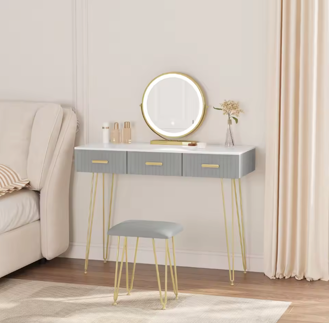 Kaptafel met LED-Spiegel & Kruk – 3 Lades, Modern & Elegant