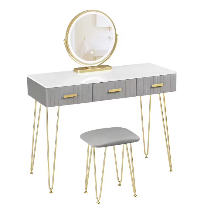 Kaptafel met LED-Spiegel & Kruk – 3 Lades, Modern & Elegant