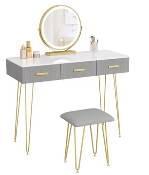 Kaptafel met LED-Spiegel & Kruk – 3 Lades, Modern & Elegant