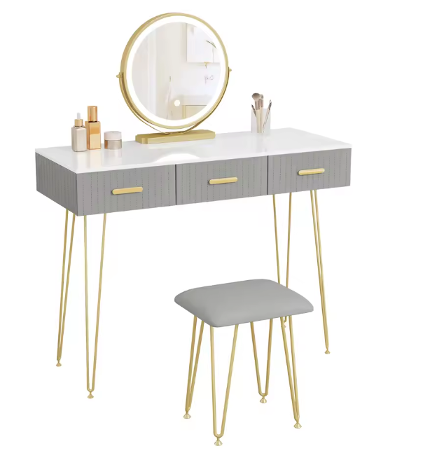 Kaptafel met LED-Spiegel & Kruk – 3 Lades, Modern & Elegant