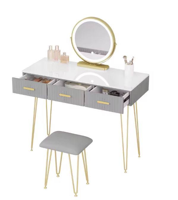 Kaptafel met LED-Spiegel & Kruk – 3 Lades, Modern & Elegant