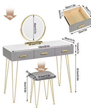 Kaptafel met LED-Spiegel & Kruk – 3 Lades, Modern & Elegant