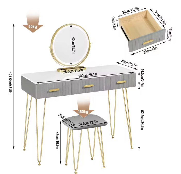 Kaptafel met LED-Spiegel & Kruk – 3 Lades, Modern & Elegant