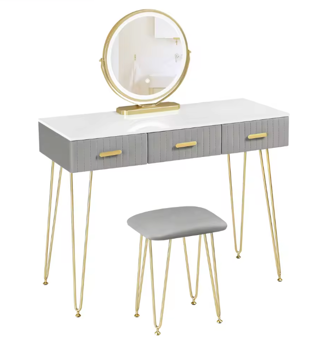 Kaptafel met LED-Spiegel & Kruk – 3 Lades, Modern & Elegant