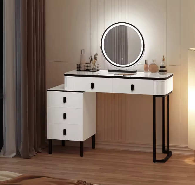 Kaptafel met LED-Spiegel & Kruk – Verstelbaar, 5 Lades, Modern