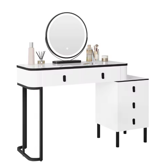 Kaptafel met LED-Spiegel & Kruk – Verstelbaar, 5 Lades, Modern
