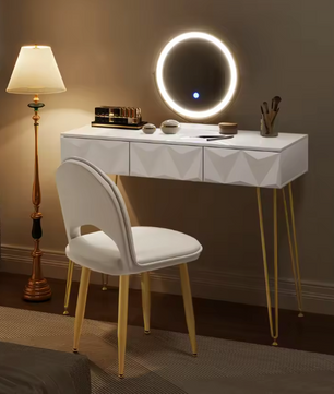 Kaptafel met LED-Spiegel & Fluwelen Stoel – 3 Lades, Wit & Goud