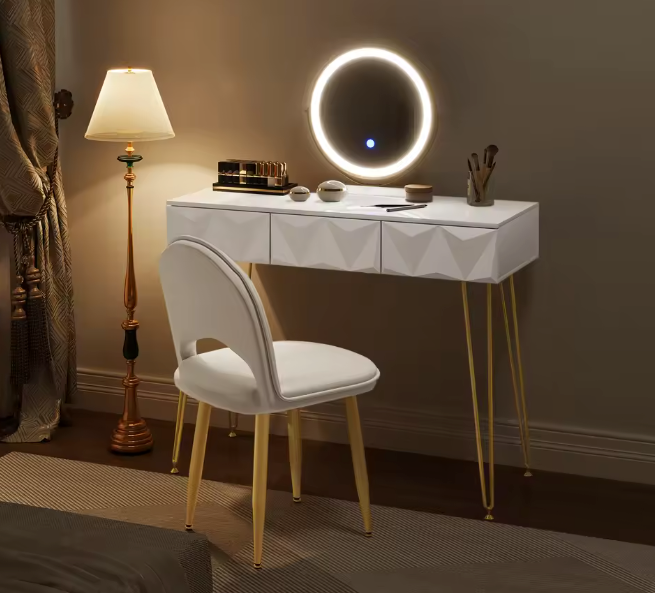 Kaptafel met LED-Spiegel & Fluwelen Stoel – 3 Lades, Wit & Goud