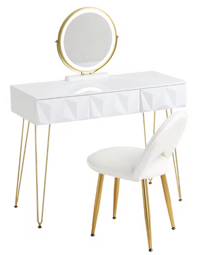 Kaptafel met LED-Spiegel & Fluwelen Stoel – 3 Lades, Wit & Goud