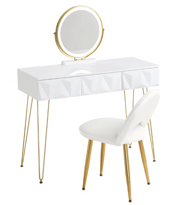 Kaptafel met LED-Spiegel & Fluwelen Stoel – 3 Lades, Wit & Goud