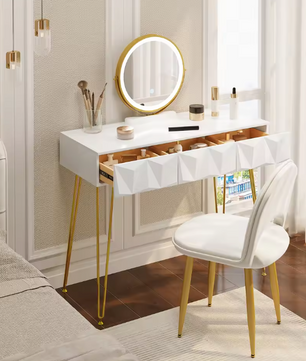 Kaptafel met LED-Spiegel & Fluwelen Stoel – 3 Lades, Wit & Goud