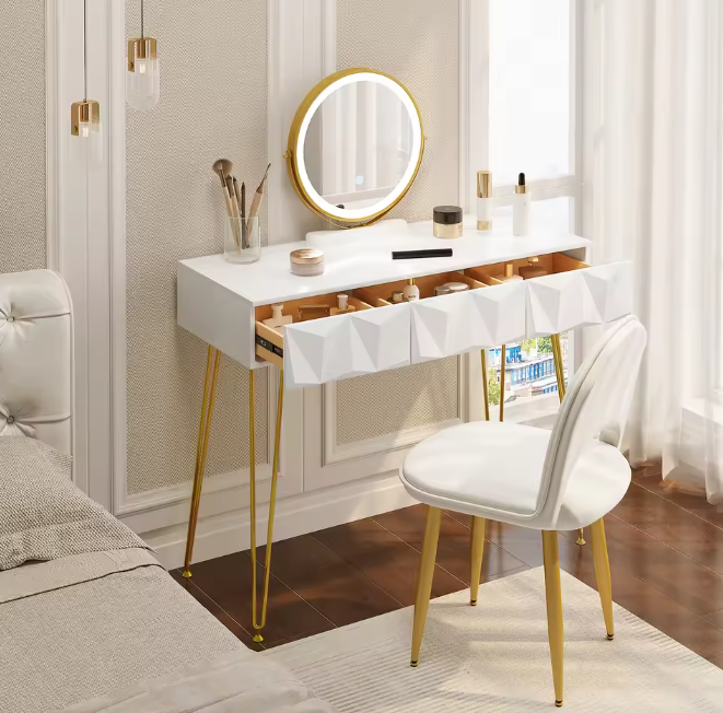 Kaptafel met LED-Spiegel & Fluwelen Stoel – 3 Lades, Wit & Goud